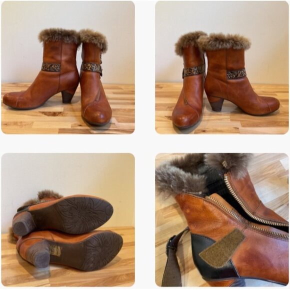 Gorgeous Finesse Fur-collar Leather Ankle Boots Size 37 cognac maroon brown heel - Picture 6 of 15